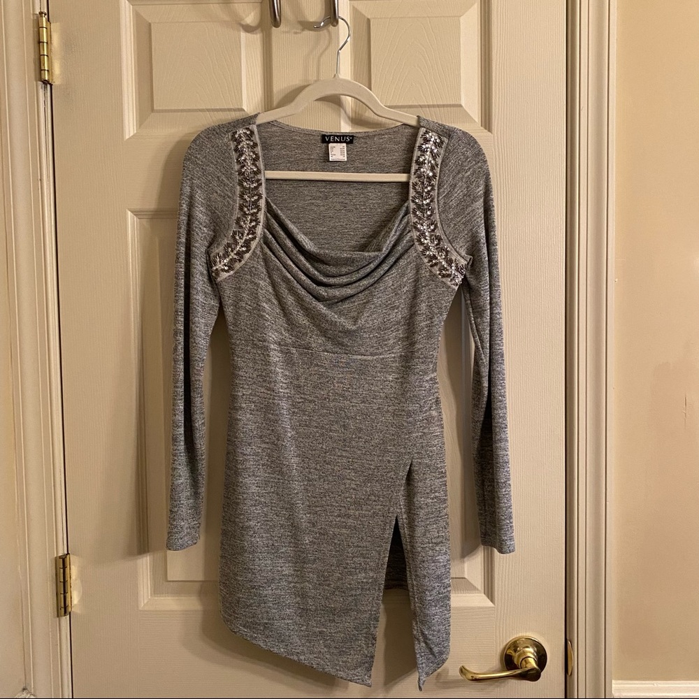 VENUS Gray Embellished Cowl Neck Tunic Top Long Sleeve Slit Hem